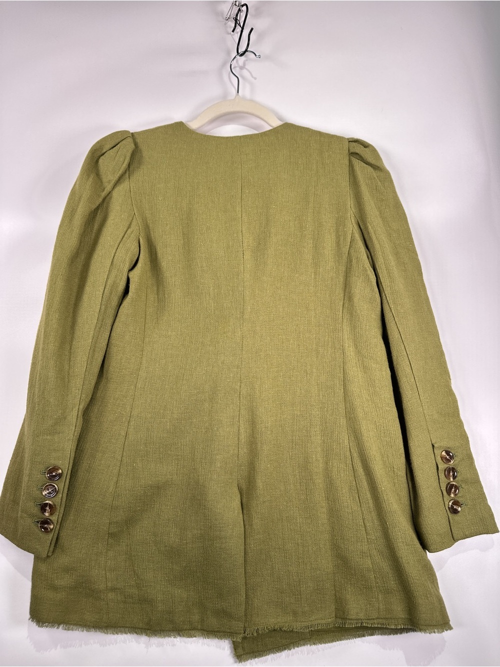 Something Navy Puff Shoulder Blazer Raw Hem Linen Cotton Blend Green Small - Picture 7 of 14